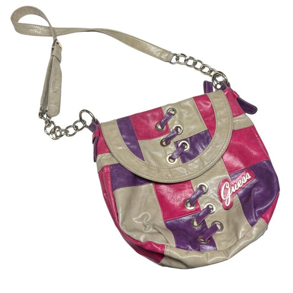 Y2K Guess Patchwork Shoulder Crossbody Bag – Pink/Purple/Beige – Vintage 2000s - Picture 13 of 15